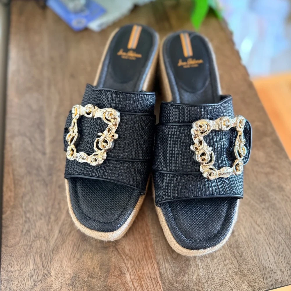 Sam Edelman Adaley‎ Black Raffia Platform Slides Resort Coastal Luxe 11